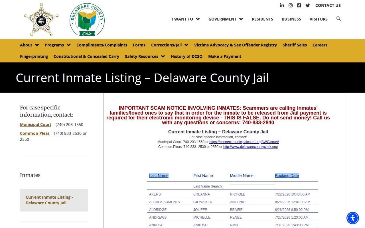Delaware County Jail current inmate listing for custody-record lookup